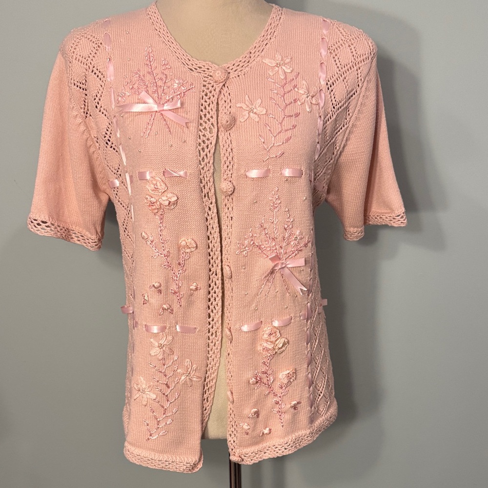 Vintage Susan Bristol pink hand embroidered knit cardigan Size M